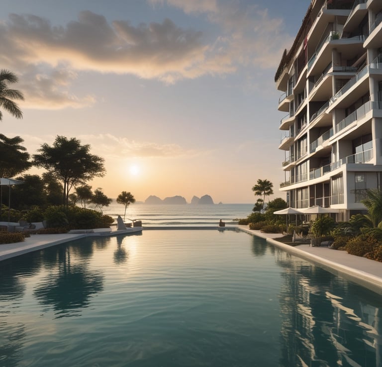 A beachfront property with palm trees and sand.