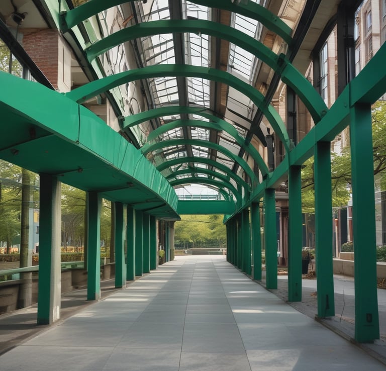 An architectural structure with curved, metallic elements is shown, prominently featuring the BMW logo against a backdrop of blue-tinted glass and gray steel beams. Green trees add a touch of nature to the sleek, modern design.