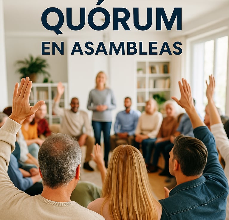 Propietarios reunidos en asamblea de edificio verificando quórum para toma de decisiones