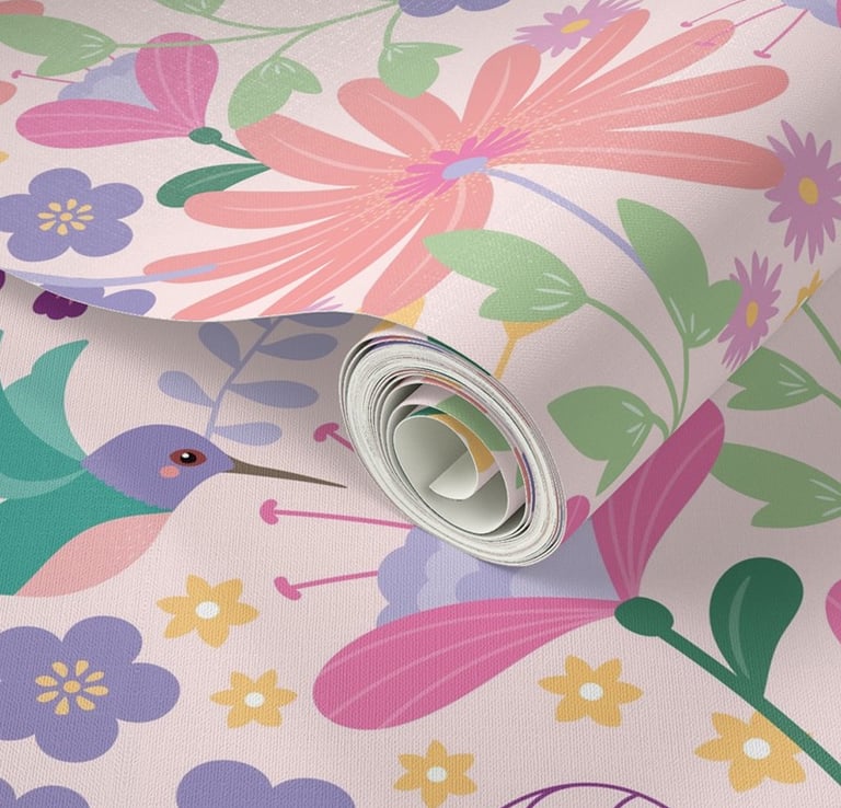 pretty hummingbird pink girls room wallpaper