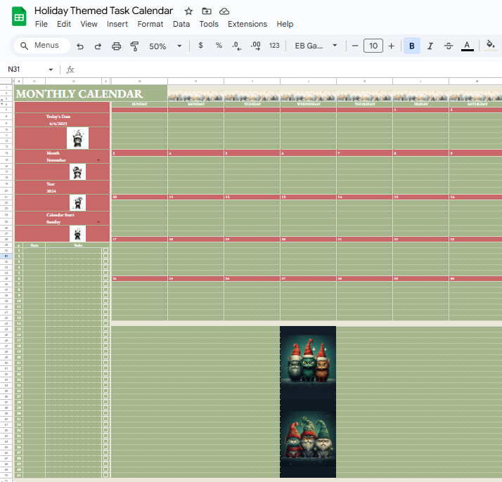 Holiday themed task calendar in sage and cranberry