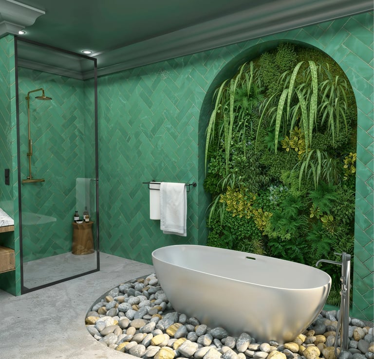 Baignoire ilot design posee sur des galets blancs, projet Nina Poma Studio.