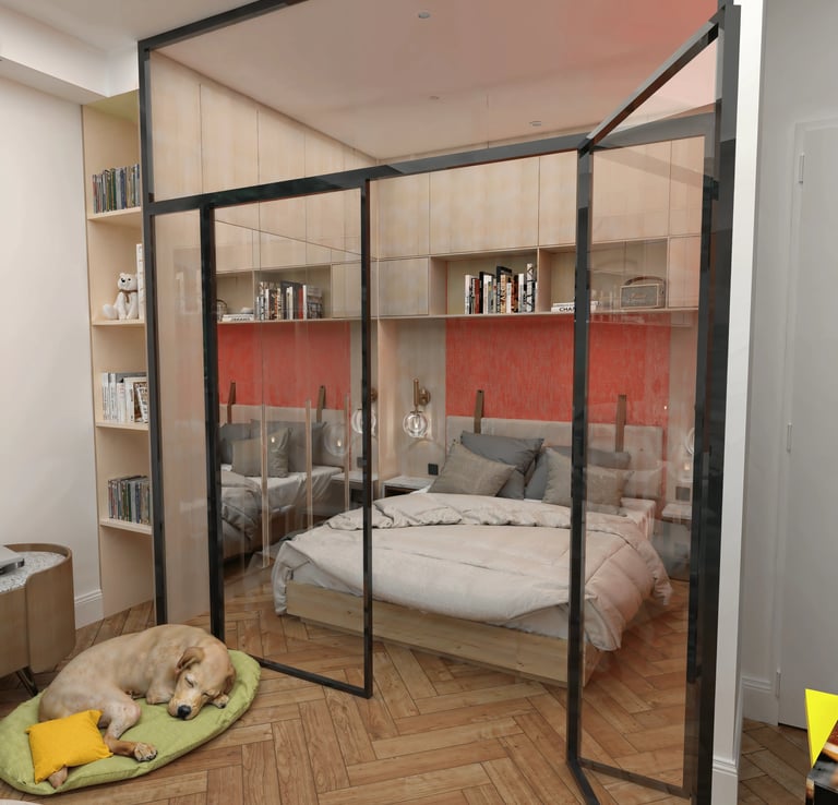 Aménagement chambre haut de gamme projet Moscou par Nina Poma Studio.