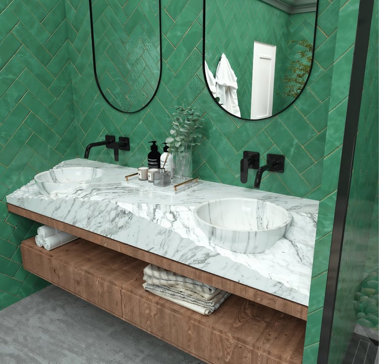 Zoom sur le marbre naturel et finitions minerales, agence Nina Poma Studio.