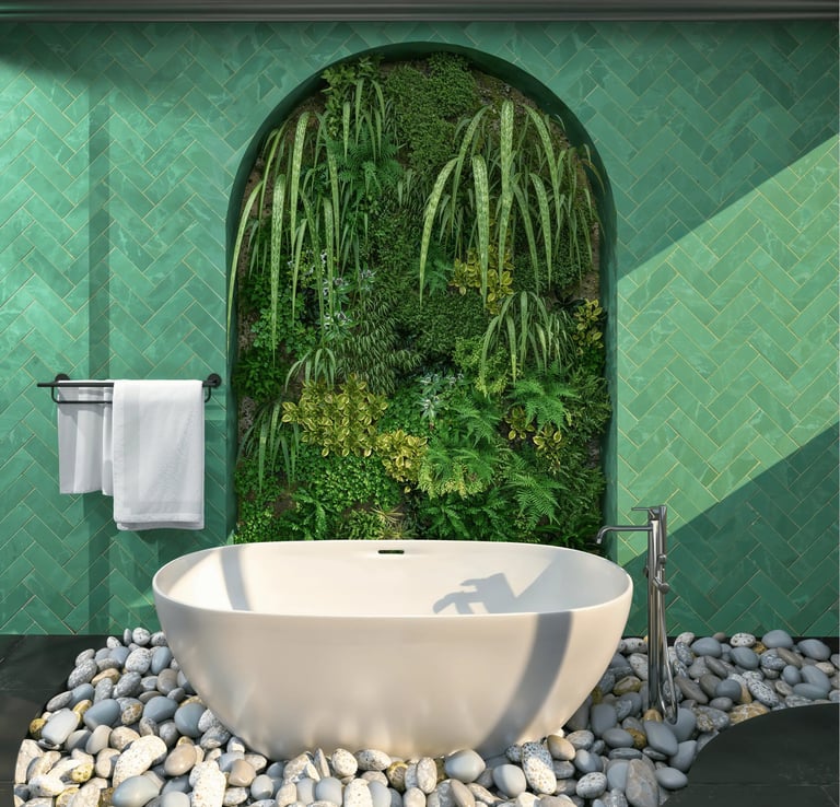 Amenagement salle de bain vegetalisee et sol en galets, par Nina Poma Studio.