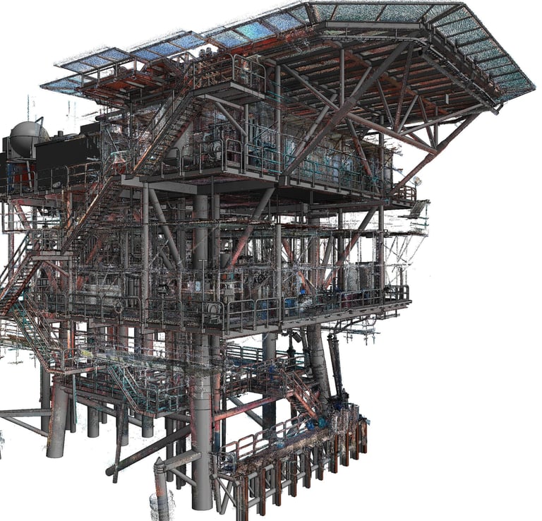 A detailed 3D digital model of an offshore oil and gas platform with complex steel structures.