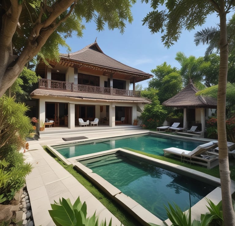 A luxury white villa with large windows and a green roof is situated on a scenic hillside. A man in sunglasses and swimwear is casually seated on a wooden railing, enjoying the warm sun.