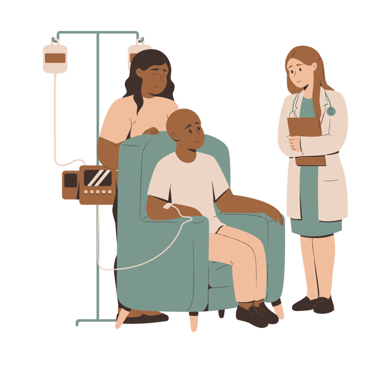 Nurse and doctor caring for a patient in chemotherapy, symbolizing cancer treatment.