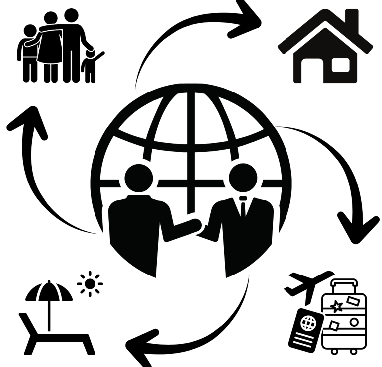 Icono de ejecutivos que comparten intereses comunes, como la familia, la vivienda, los viajes y el o