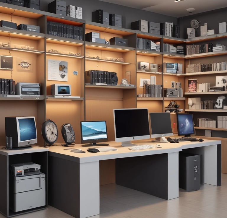 A retail store interior featuring a poster for phone repair, showcasing various smartphone images and the slogan 'You Break It, We Fix It!'. An ATM machine is positioned nearby, and a glass display case contains various products such as watches and small electronic items. Shelves under the counter hold boxed products.
