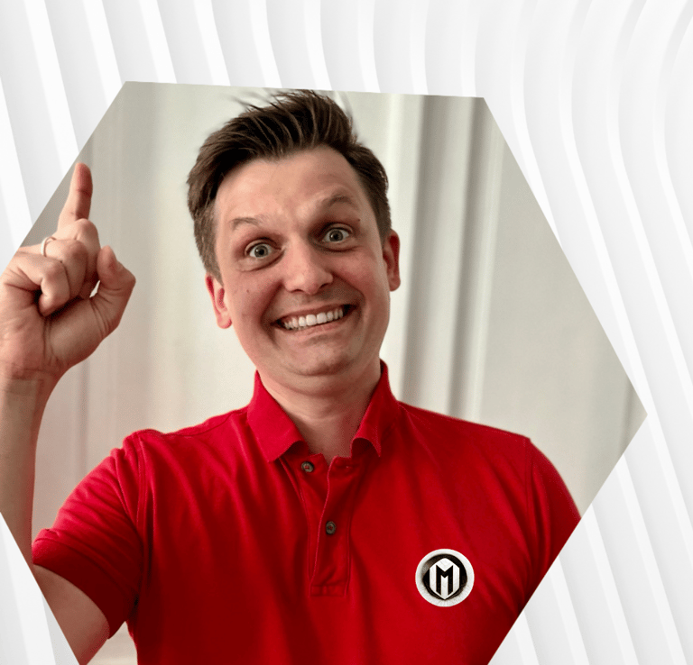 a man with a red shirt and a white shirt