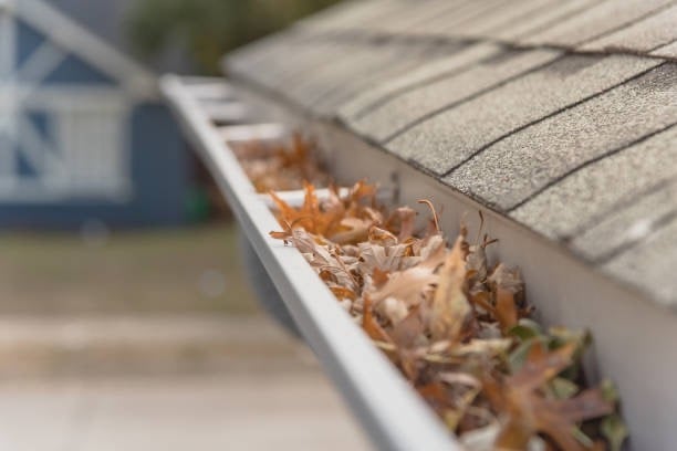 A gutter full of leaves that have clogged the gutter system