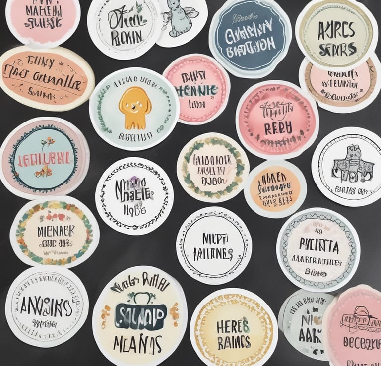 Assorted personalized stickers displayed on craft paper
