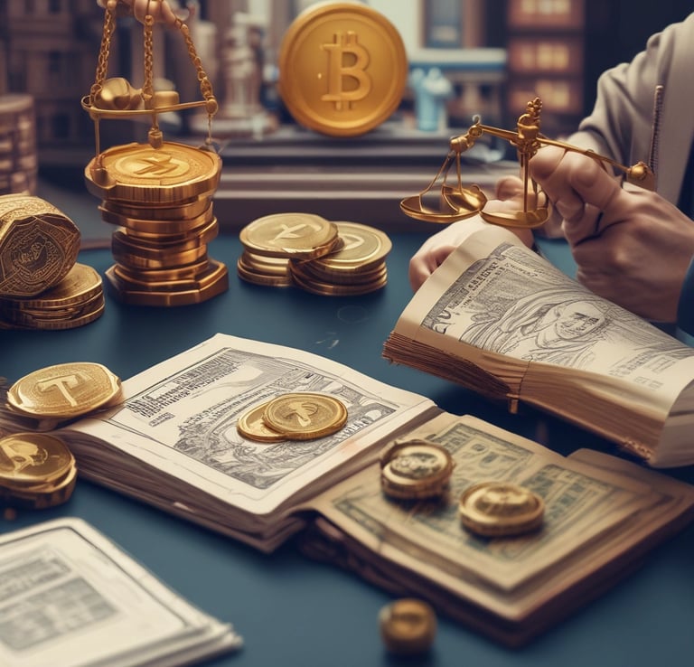 A person holds a collection of shiny, gold and copper-colored cryptocurrency tokens in their hands. They are wearing a black tank top with a logo that reads 'RP Real Poker' in bold letters. The person is also in fishnet stockings and shorts, sitting beside a textured bag.