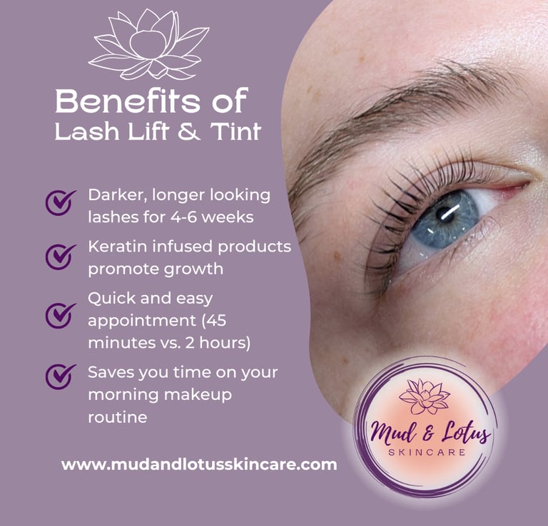 Close-up of eye with lifted lashes next to a list of benefits for lash lift and tint services.