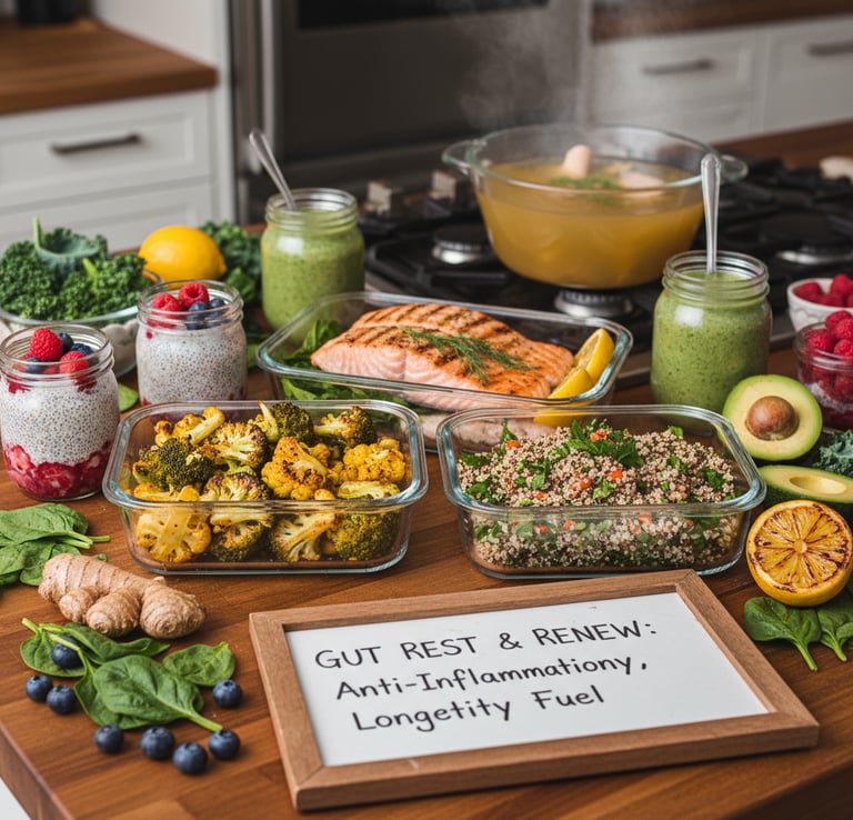 Gut rest diet foods for longevity including anti-inflammatory ingredients and meal preparation