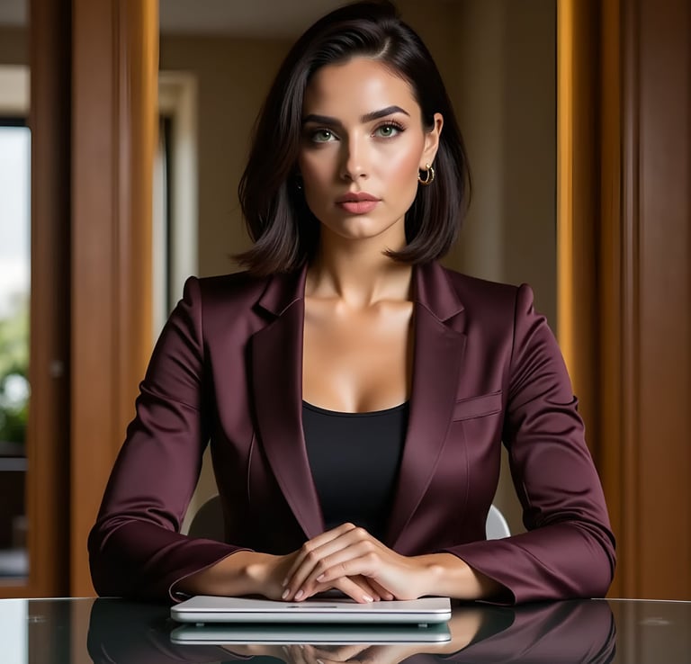 Vivienne Vale in a plum blazer sits confidently at a glass desk with a tablet before her.