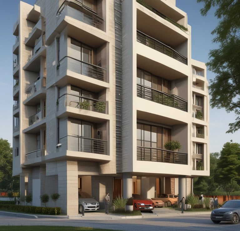 A tall multi-story building named Emerald Residency is shown with a modern architectural design, featuring large windows and a prominent sign at the top. The building is surrounded by a clear blue sky with some clouds and nearby power lines.