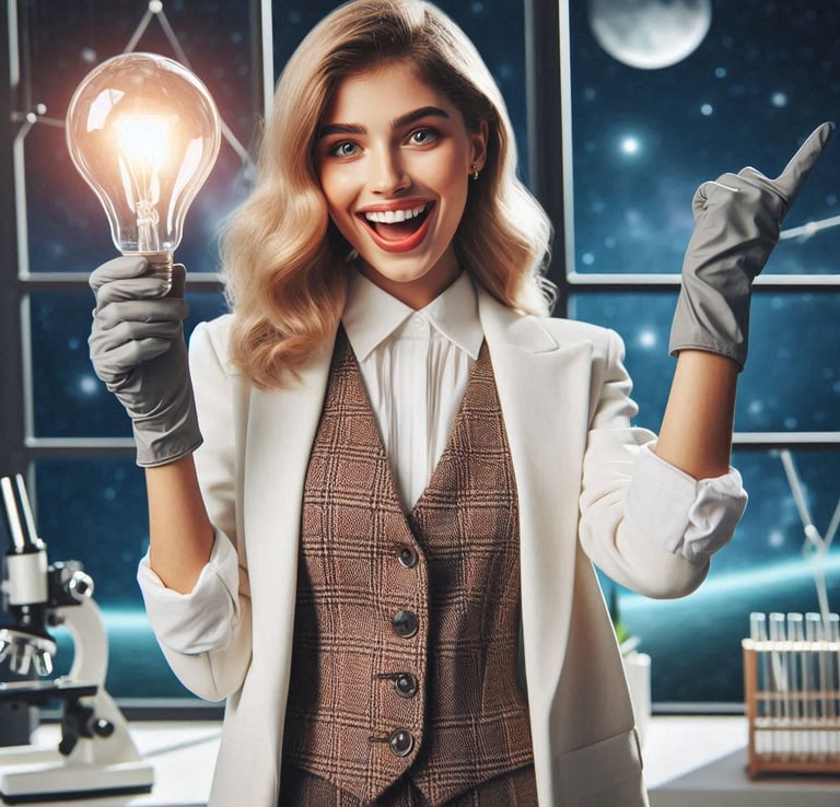 A classy young woman in the lab with a futuristic space view holding a light bulb.