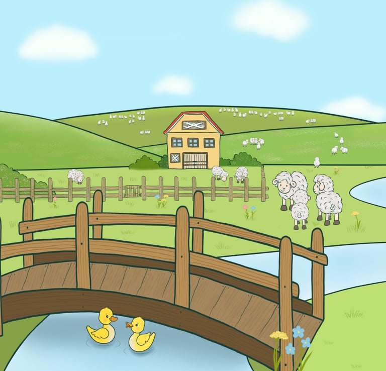 Colourful, cute illustration of green hills and pastures featuring farm animals like sheep and ducks