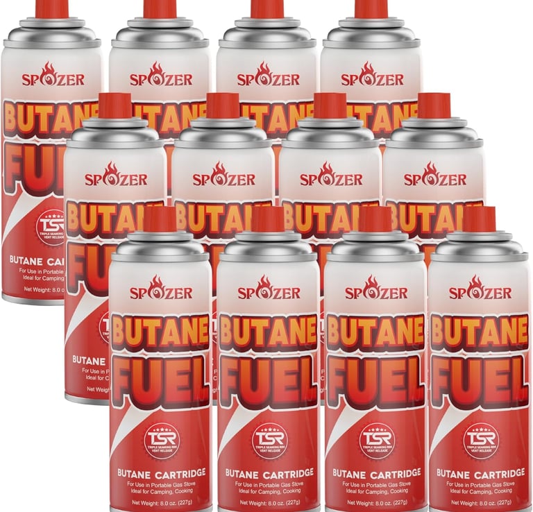 a group of six spray cans of different sizes and colors