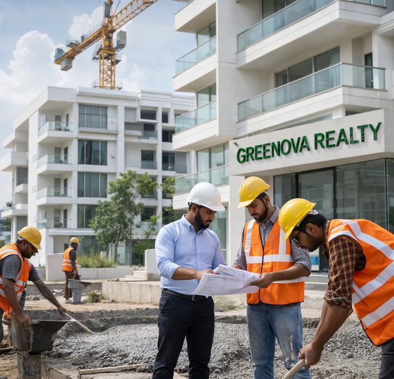 Construction engineers in hard hats review blueprints at a Greenova Realty building site with workers and a crane.