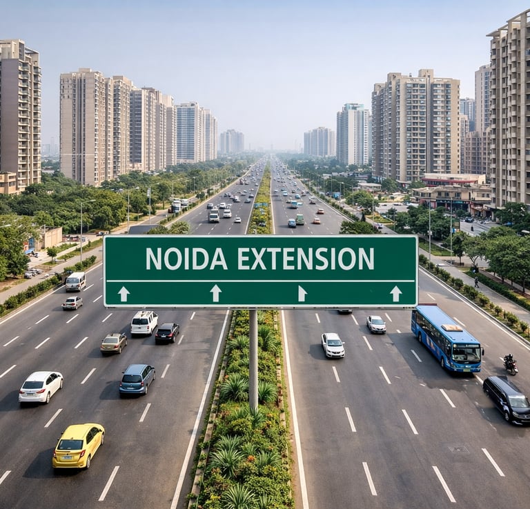 A wide multi-lane highway in Noida Extension featuring heavy traffic and modern high-rise residential buildings.