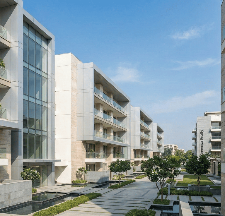 Modern luxury apartment complex with glass balconies, landscaped gardens, and stone facades under a blue sky.