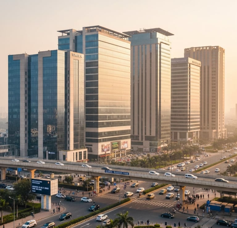 Modern corporate skyscrapers and glass office buildings in Gurgaon skyline with city traffic at dusk.