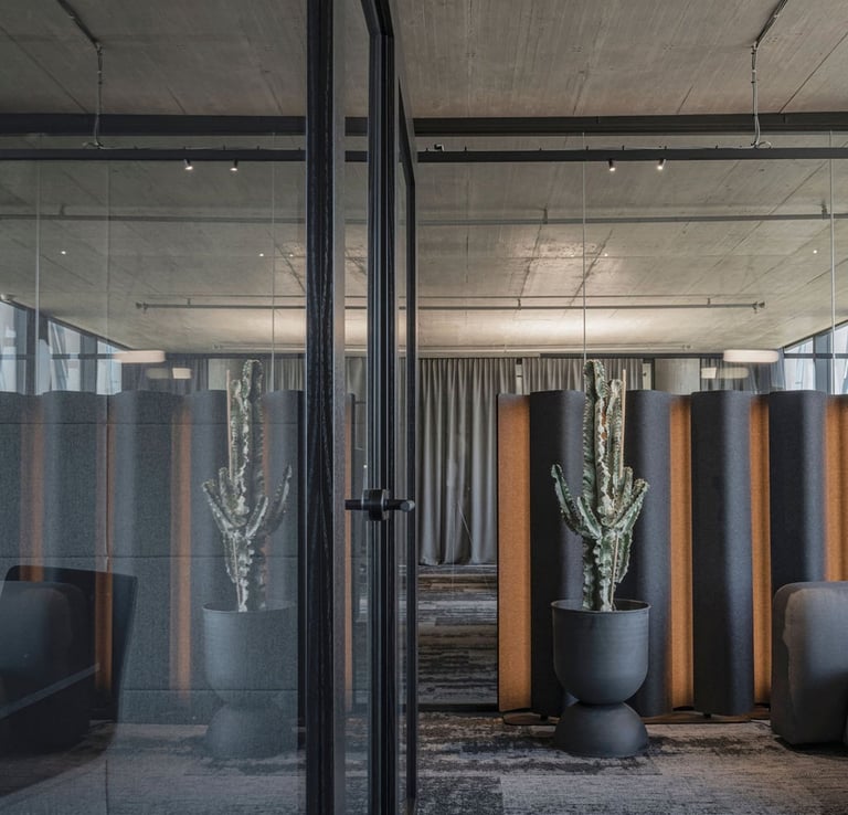 Biuro interjeras Kaune, Vitlaima, darbo vietos, betoninės lubos, užuolaidos, akustinė sienelė