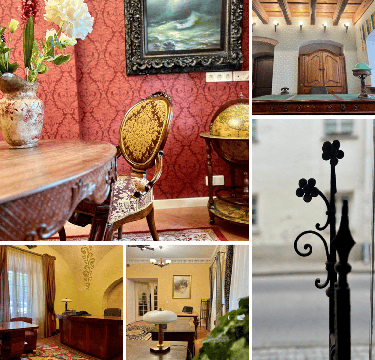 a collage of pictures of a room with a table and chairs