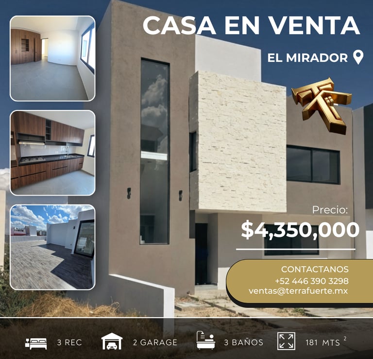 Modern two-story house for sale in El Mirador featuring 3 bedrooms, stone facade, and contemporary kitchen.