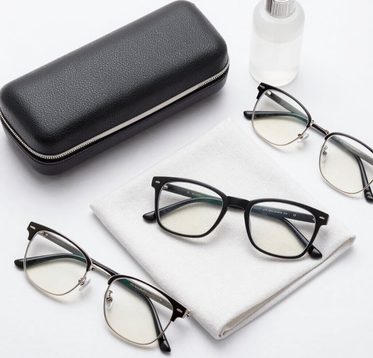 A pair of stylish reading glasses placed on an open book with soft background
