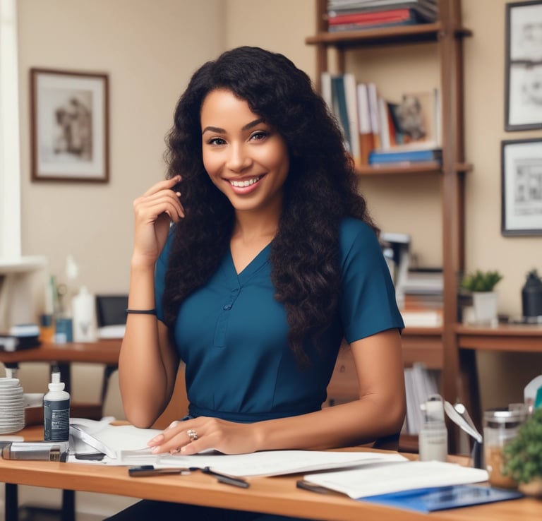 A hairstylist is curling the hair of a seated woman with a curling iron. The woman has long, wavy blond hair and is wearing a black salon cape. There is a plant in the background and a white railing behind the hairstylist.