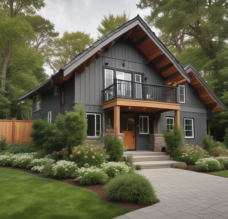 A modern two-story house with a sleek design featuring a mix of wood and glass elements. The facade includes large windows and balconies with glass railings. The surroundings are lush with well-maintained grass, rocks, and various trees.