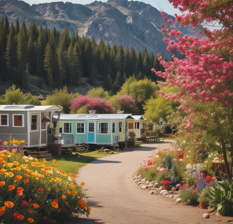 Small houses are nestled among lush trees at the base of a towering rocky mountain. The scene is bordered by a tranquil lake in the foreground, reflecting the natural beauty and diversity of the landscape.
