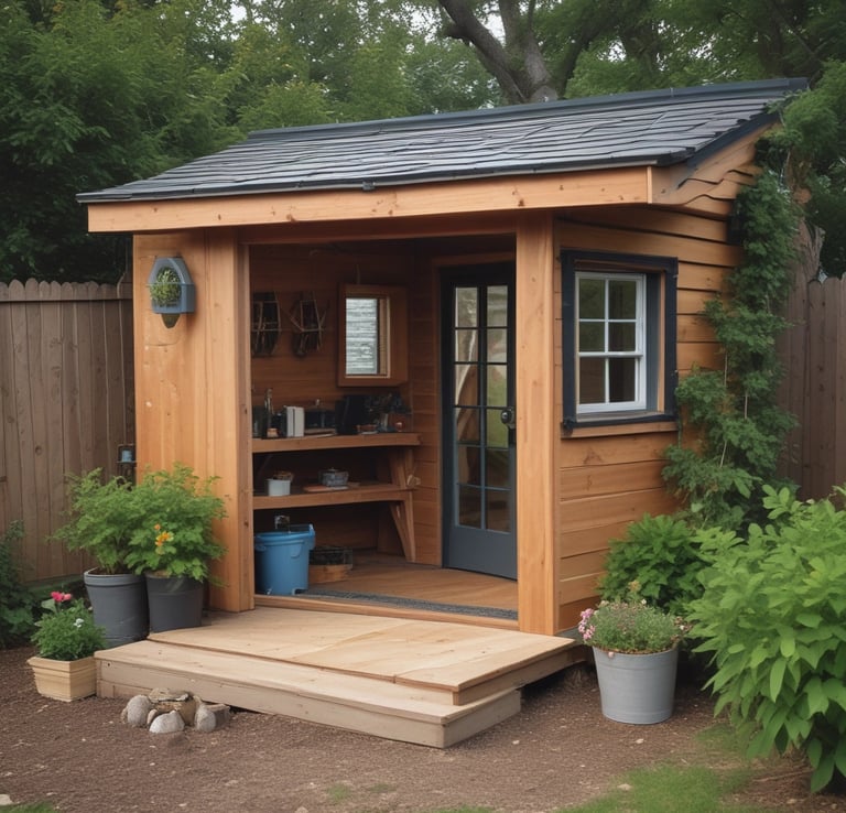 A minimalist, modern living space featuring a thin flat-screen TV mounted on wooden legs. Next to the TV, there's a small wooden table with a textured sphere on top. To the left is a built-in wooden shelf holding books and decorative items. Sunlight pours in from a large window overlooking a scenic view with mountains and a lake. The interior is bright with neutral tones, emphasizing simplicity and elegance.
