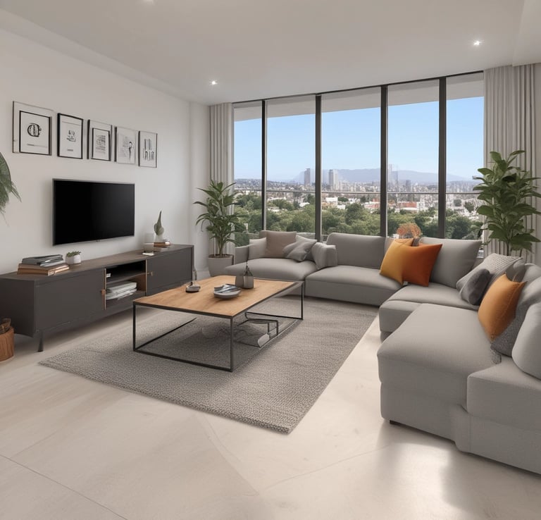 A tall residential building with multiple floors and balconies, set against a clear blue sky. The structure is flanked by lush green trees. At the foreground, a retail space is available for lease, with visible signs advertising it. Several vehicles, including vans and cars, are parked along the street, and a pedestrian walks nearby.