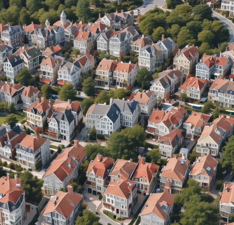 An aerial view of a modern residential complex featuring multiple high-rise buildings with light-colored roofs and structured layouts. The buildings are surrounded by lush greenery and a large swimming pool with turquoise water. Adjacent to the complex is a neatly maintained road with a bus and landscaped gardens. The overall setting is urban with a touch of natural elements.