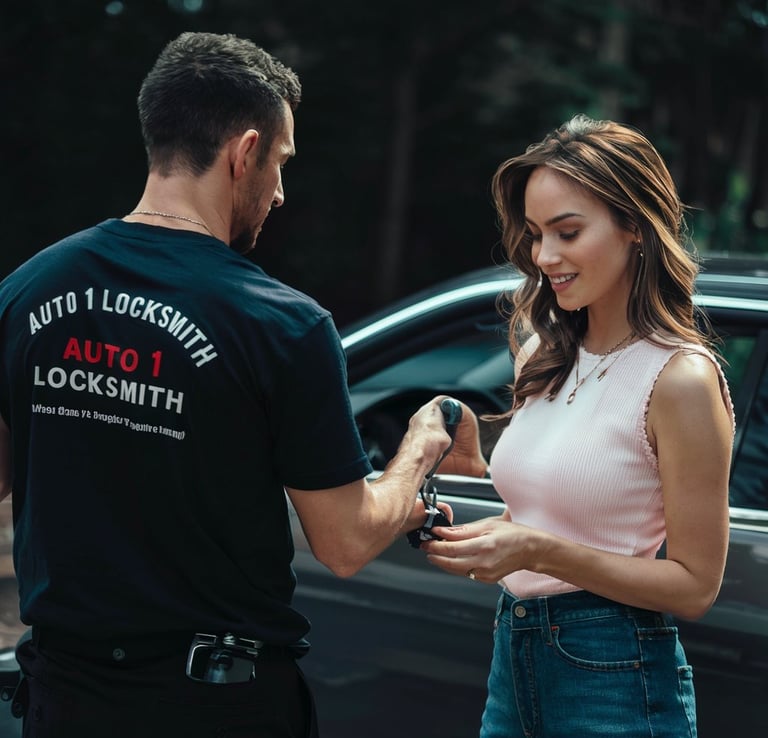 Auto 1 locksmith Expert Technician providing key for client Brandon key and Lock