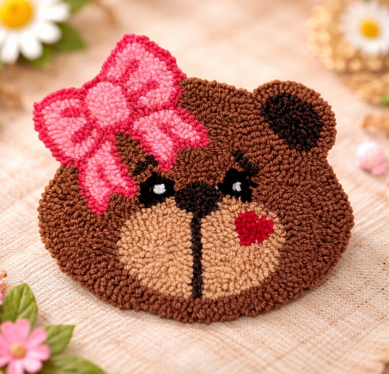 Cozy handmade punch needle bear artwork with pink bow
