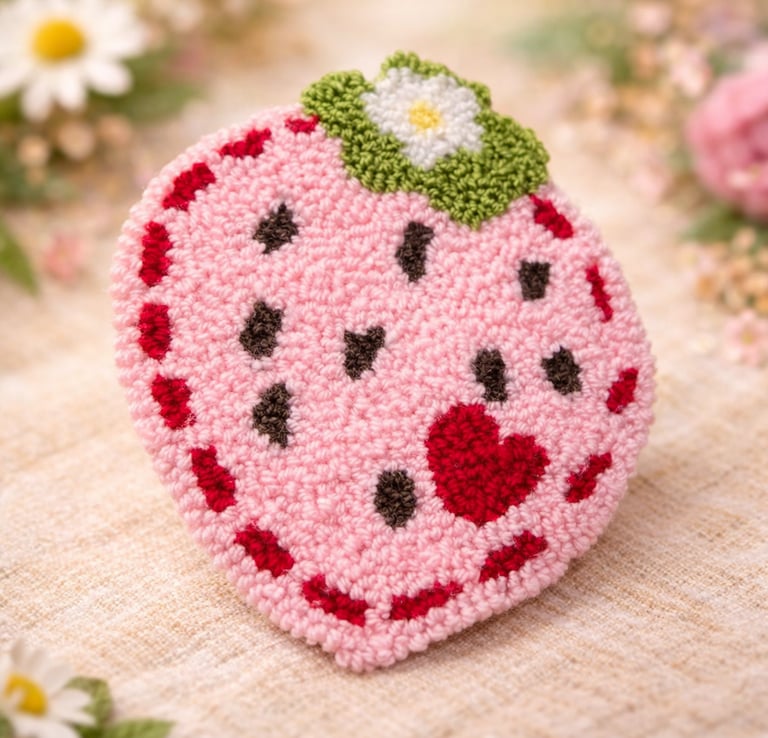 Handmade punch needle strawberry coaster with heart detail for cozy home décor