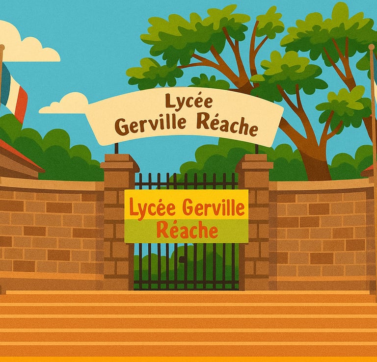 Entrée du Lycée Gerville Réache illustrée “Patrimoine éducatif – Abécédaire de la Caraïbe Guyane