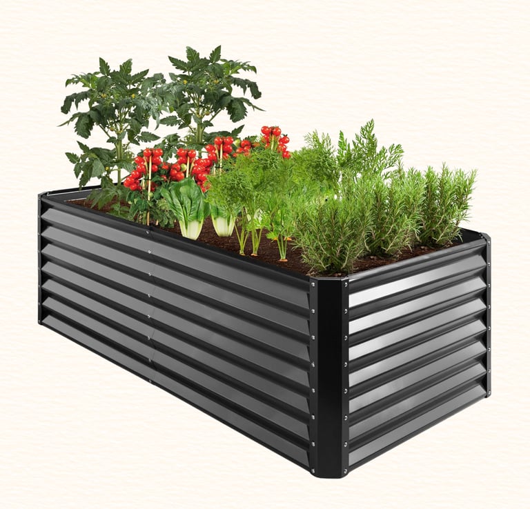 Outdoor metal raised garden bed filled with fresh vegetables in a backyard garden.