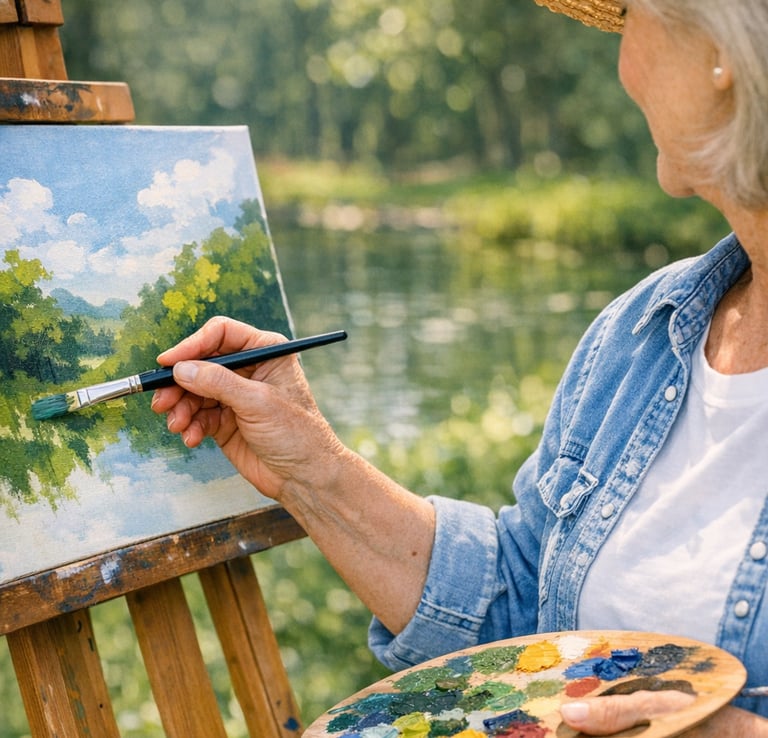 Mulher pintando ao ar livre com paleta e pincel nas mãos criando uma paisagem em meio a natureza