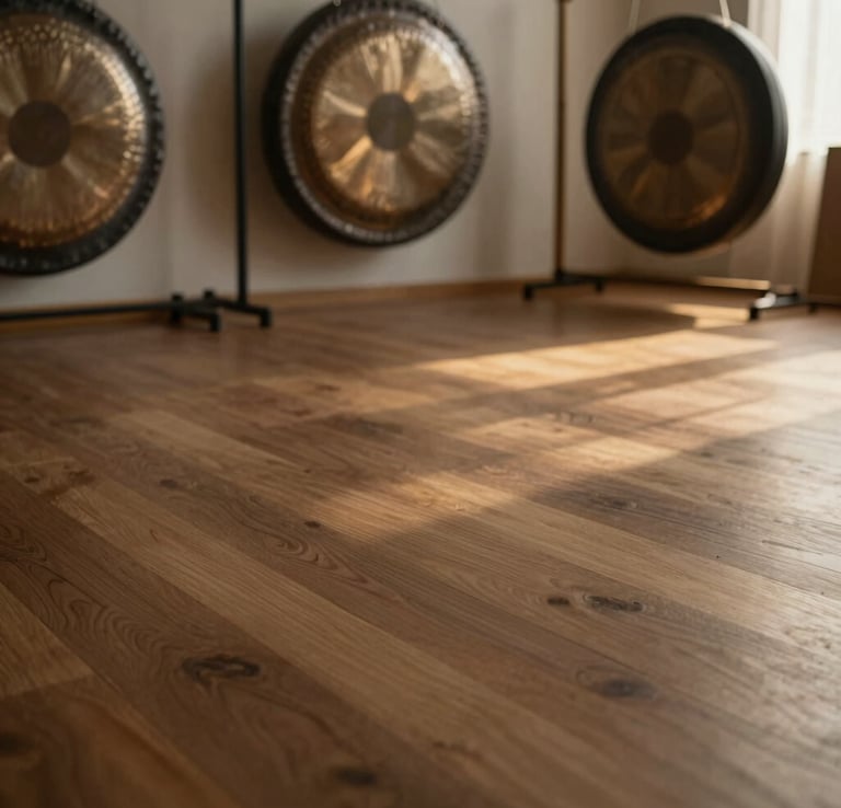 Wide environmental shot of an empty serene studio space with natural textures like wood and raw linen, a large bronze gong in the background, soft golden-hour light streaming in from the right.