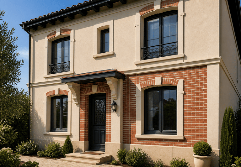 Enduit de façade maison moderne – finition extérieure avec détails briques