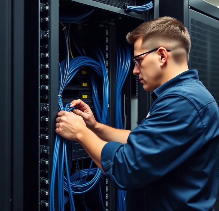 Technician installing structured cabling — TrinityLinc networking Ontario