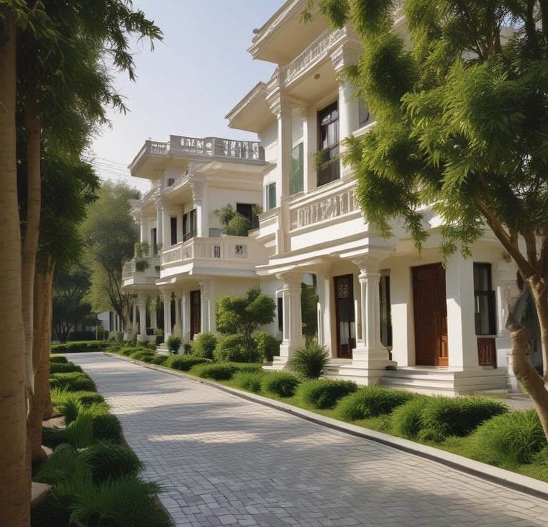 A serene landscape featuring a modern white house nestled among large, leafy trees. The sunlight filters through the canopy, casting dappled patterns on the ground, which is covered in lush green grass. The atmosphere is tranquil, suggesting a peaceful, secluded setting.