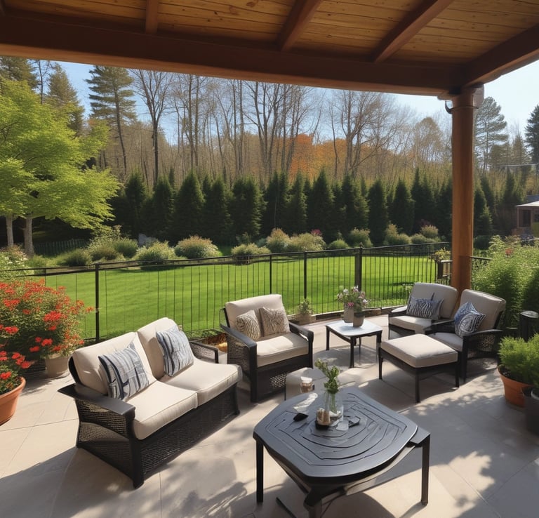 A peaceful backyard garden with lush greenery.